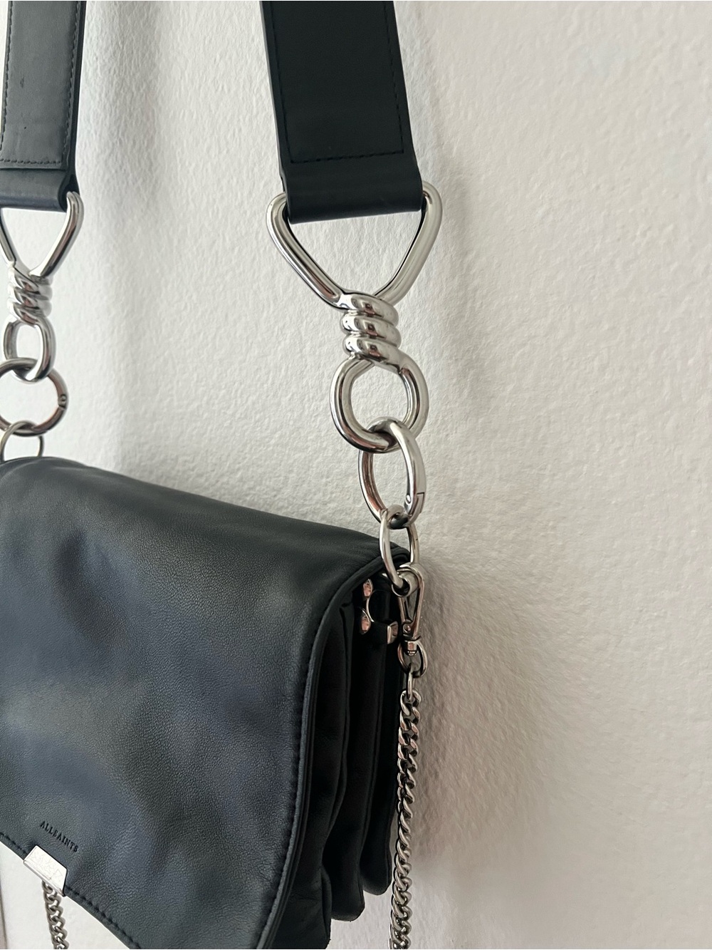 All Saints Black Leather Crossbody Clutch with Chain & Wide Strap - Picture 10 of 16
